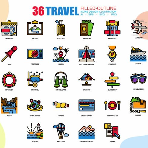 36 Travel icons set x 3 style cover image.