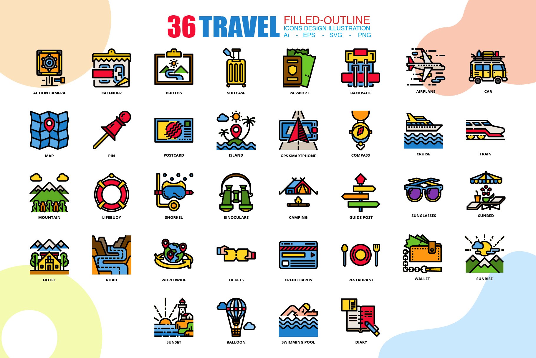 36 Travel icons set x 3 style cover image.