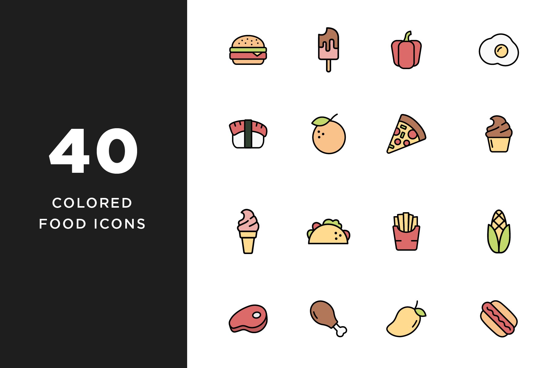 40 Colorful Food Icons cover image.