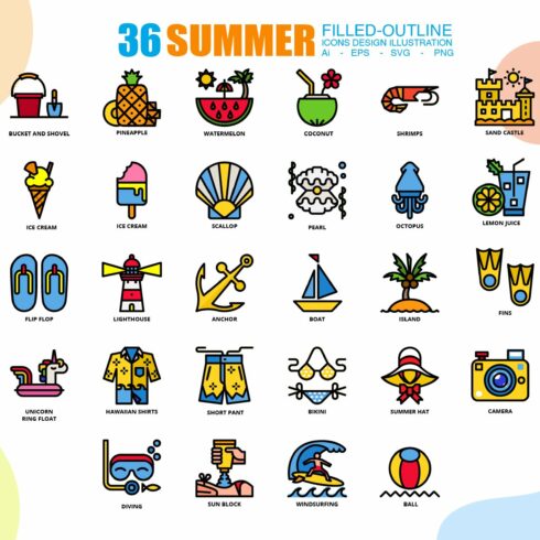 36 Summer icons set 3 style+1 Bonus cover image.