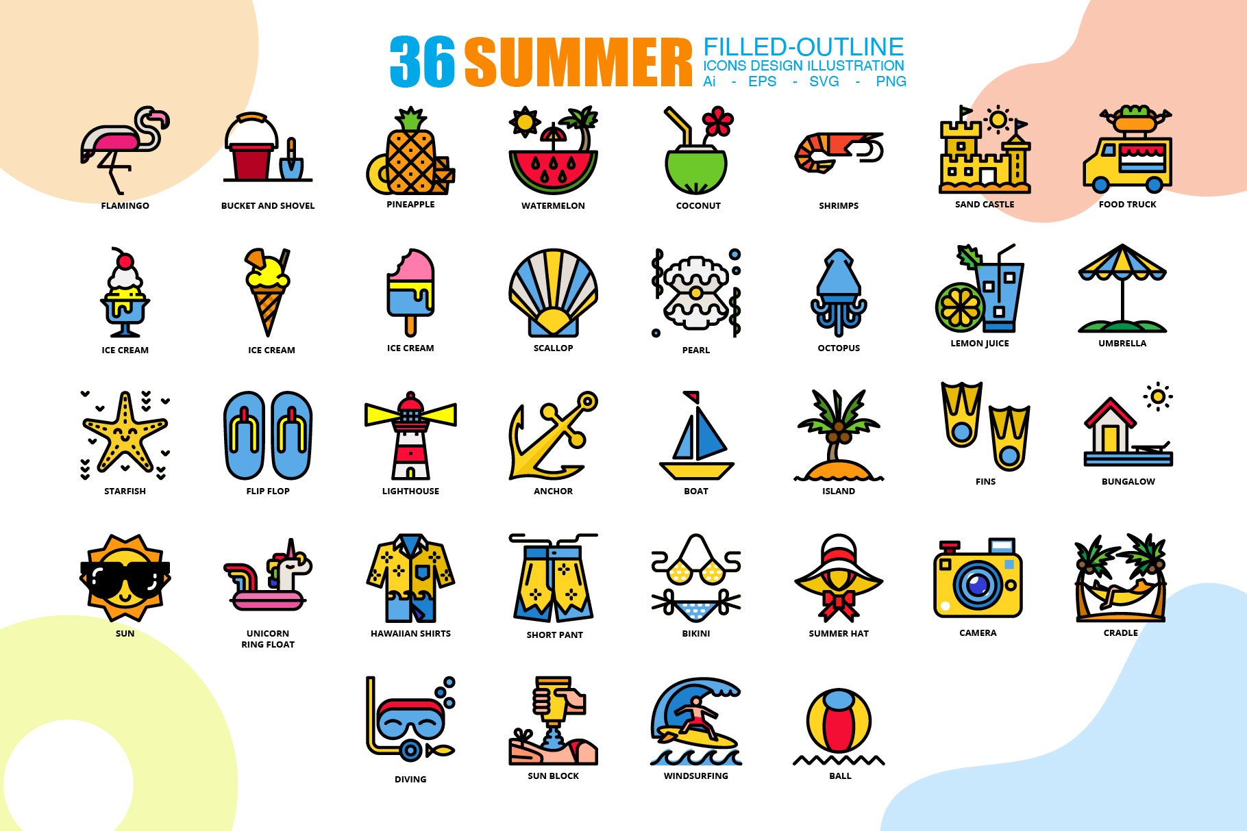 36 Summer icons set 3 style+1 Bonus cover image.