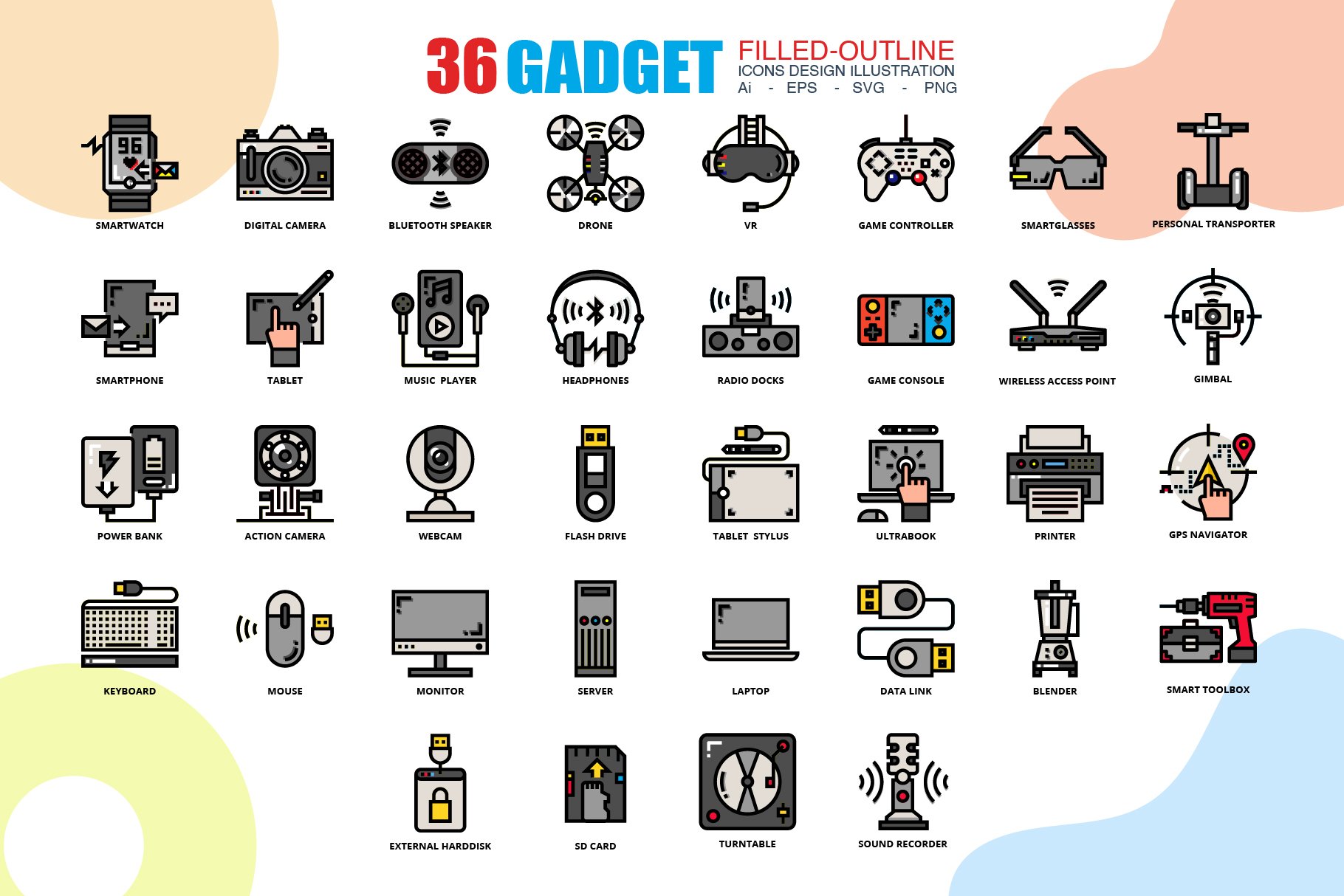 36 Gadget icons set x 3 Style cover image.