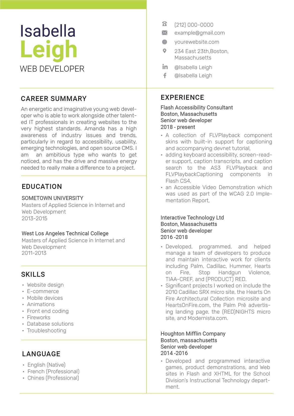 Professional resume for a web development company.