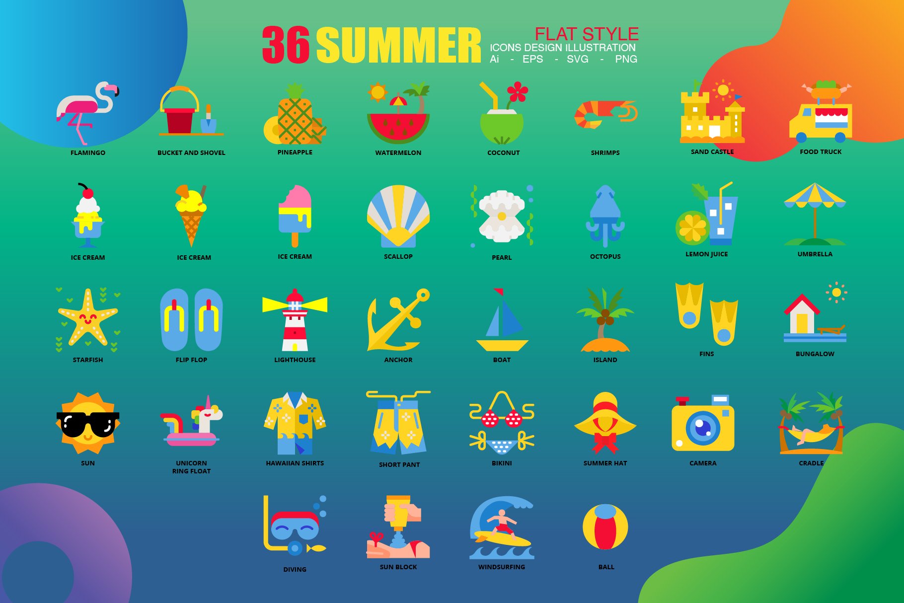 36 Summer icons set 3 style+1 Bonus preview image.