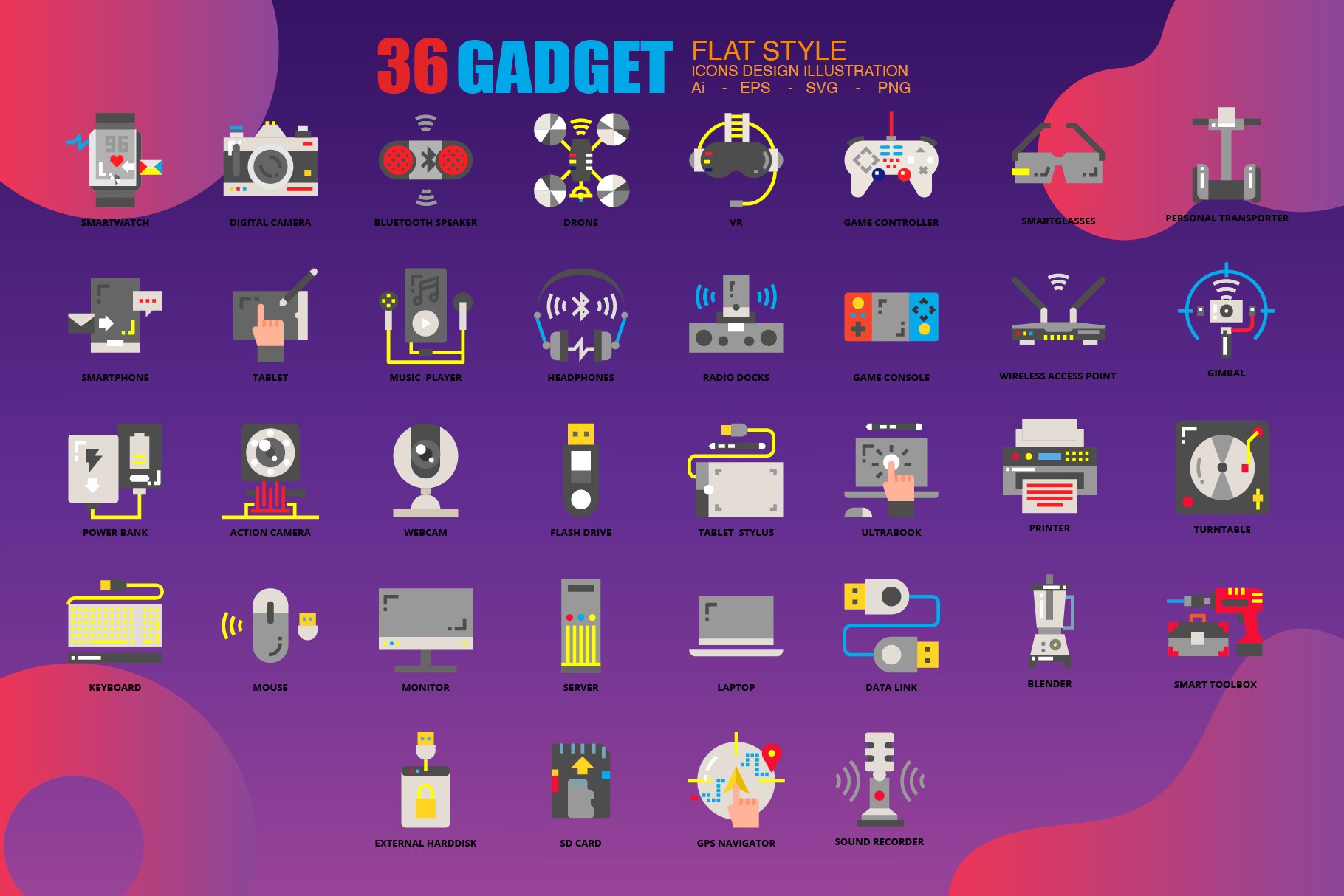 36 Gadget icons set x 3 Style preview image.