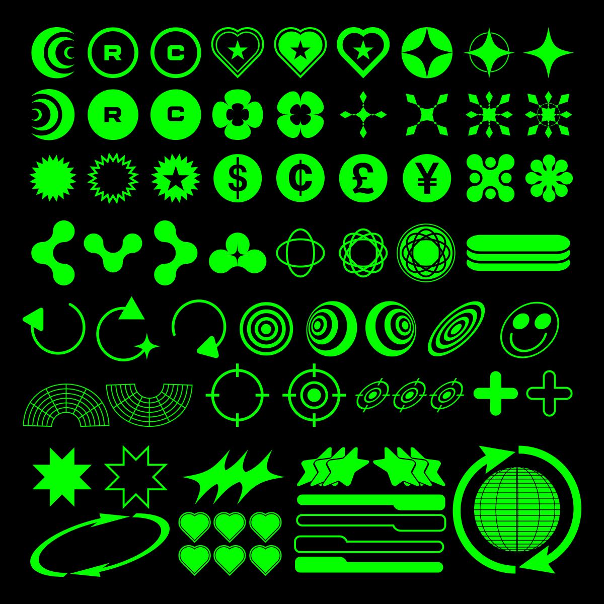 Collection of green and black icons.