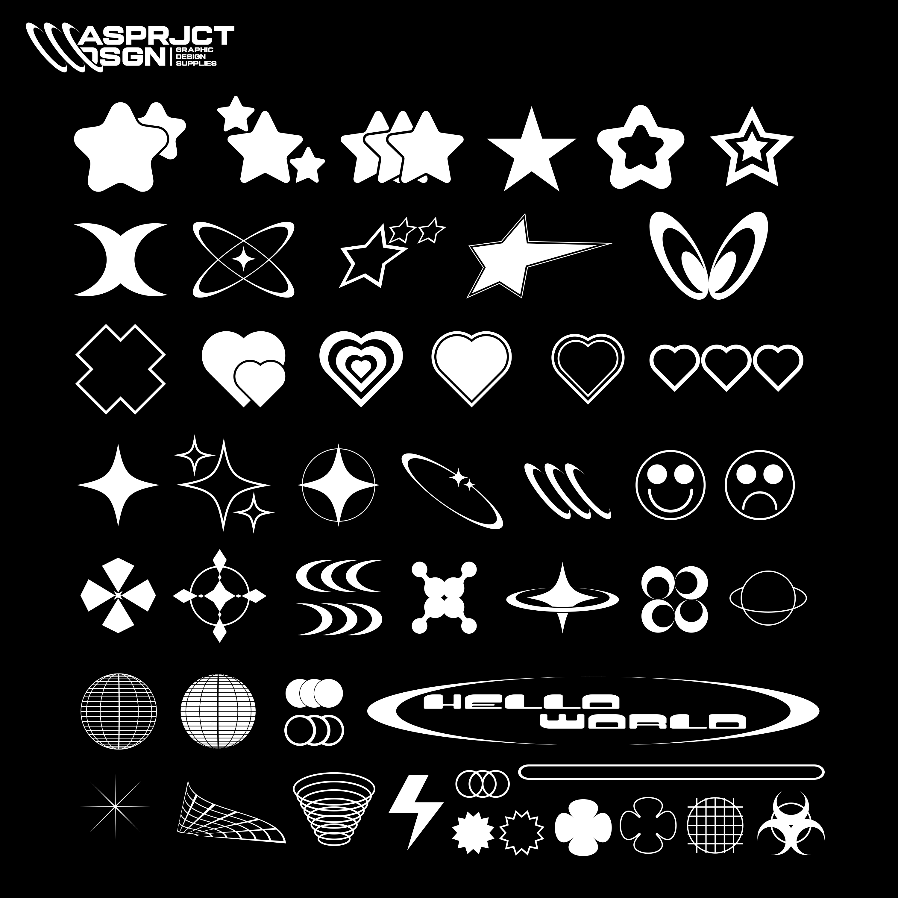 Bunch of different shapes and sizes on a black background.
