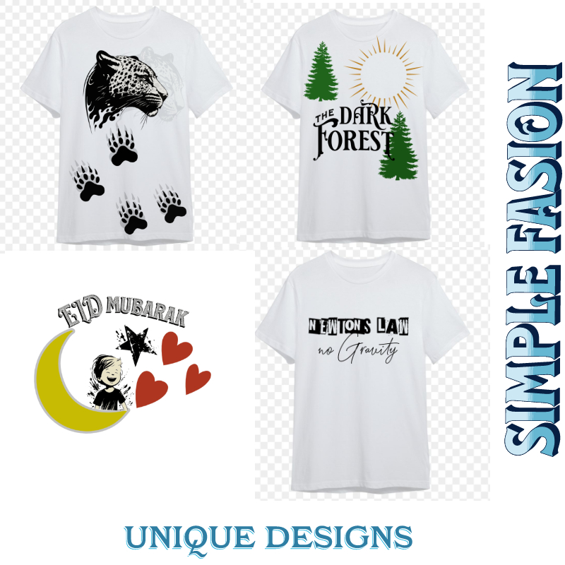 Four t - shirts with different designs on them.