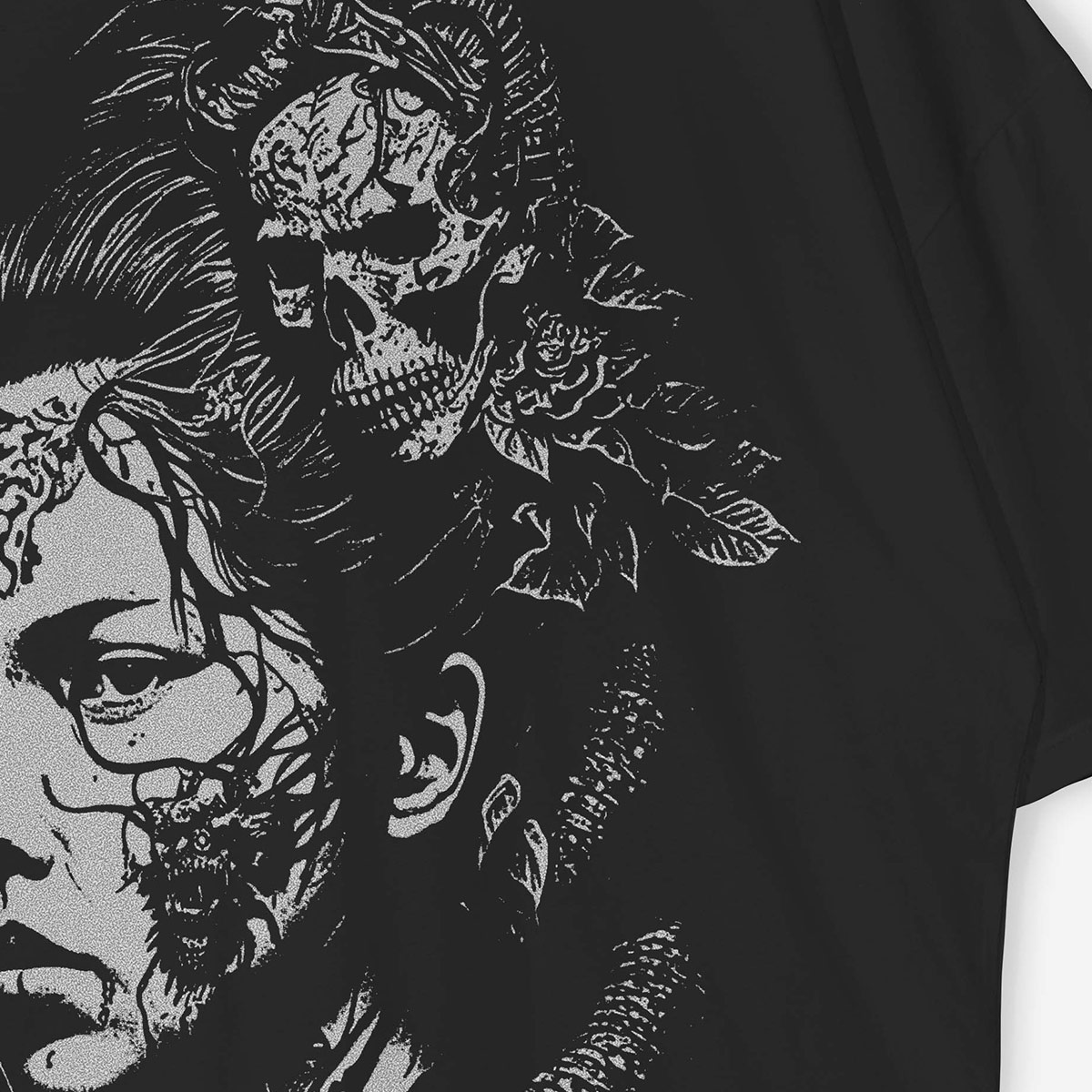 Black t - shirt with a drawing of a woman's face.