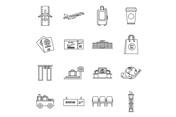 Airport icons set, outline style cover image.