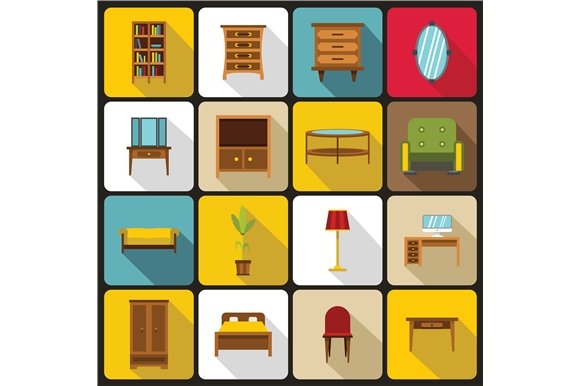 Furniture icons set, flat style cover image.