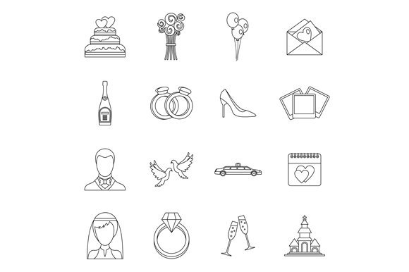 Wedding icons set, outline style cover image.