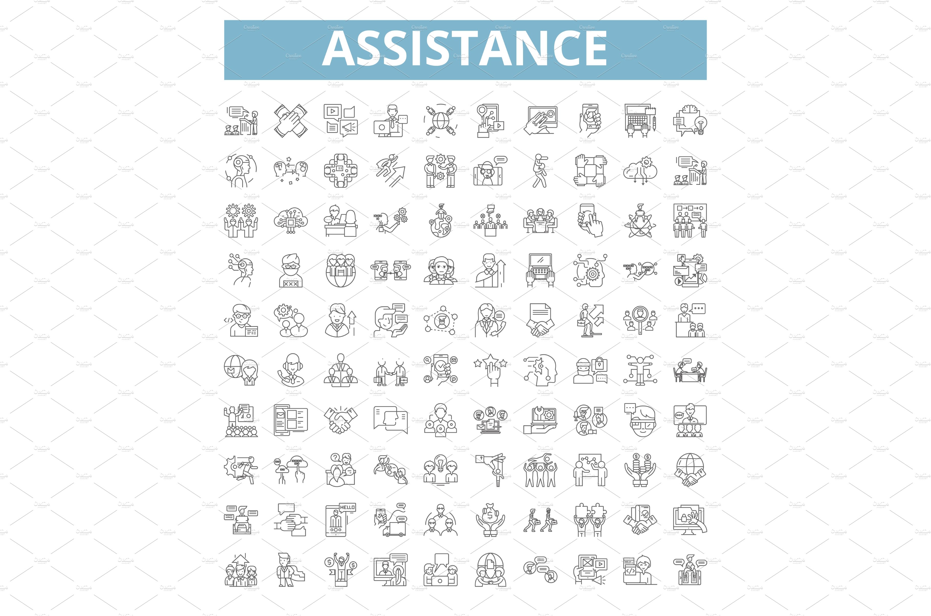 Assistance icons, line symbols, web cover image.