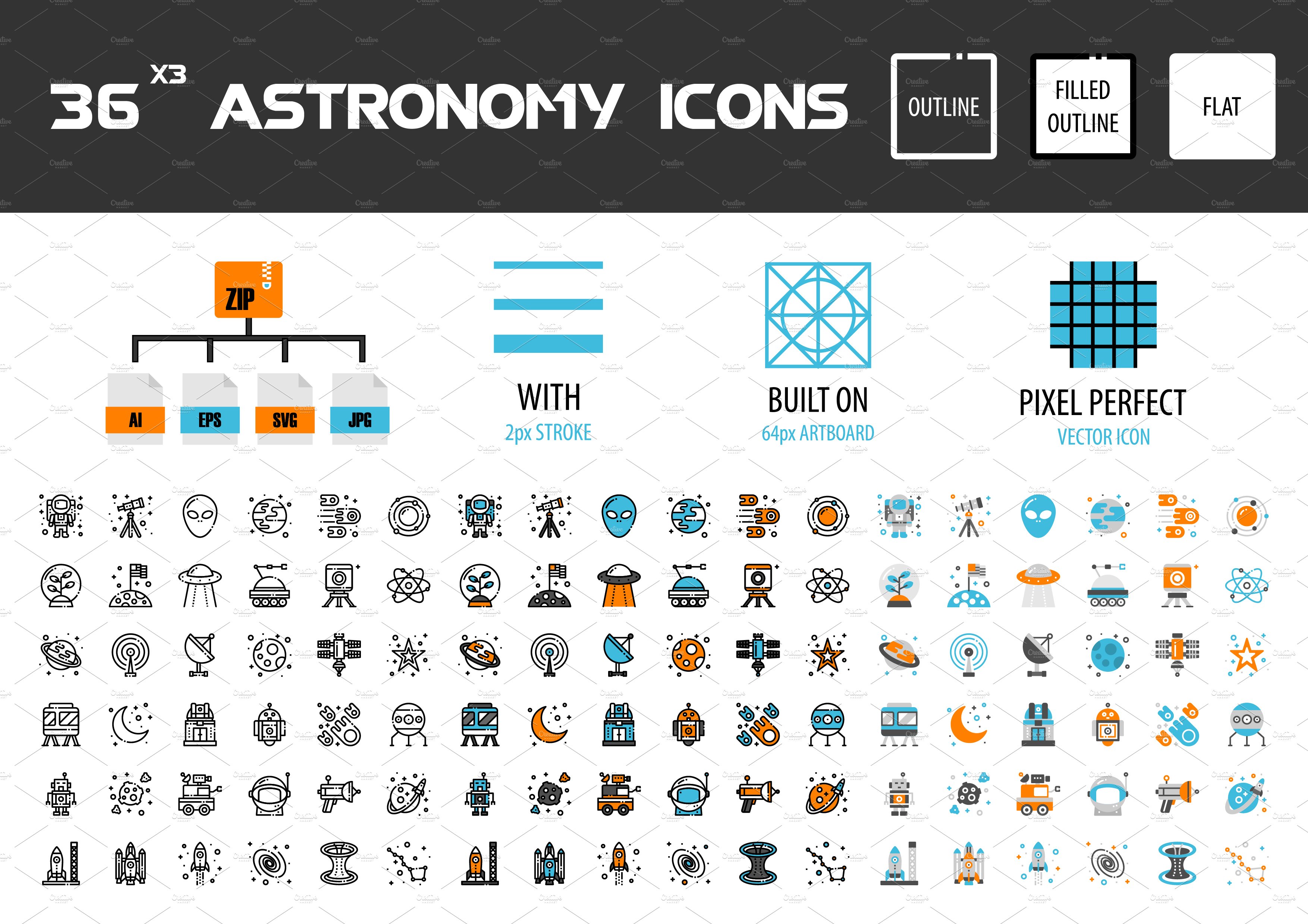 36x3 Astronomy icons preview image.