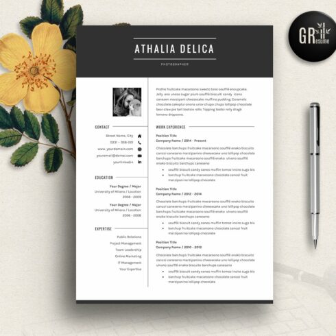 Professional resume template with a yellow flower.