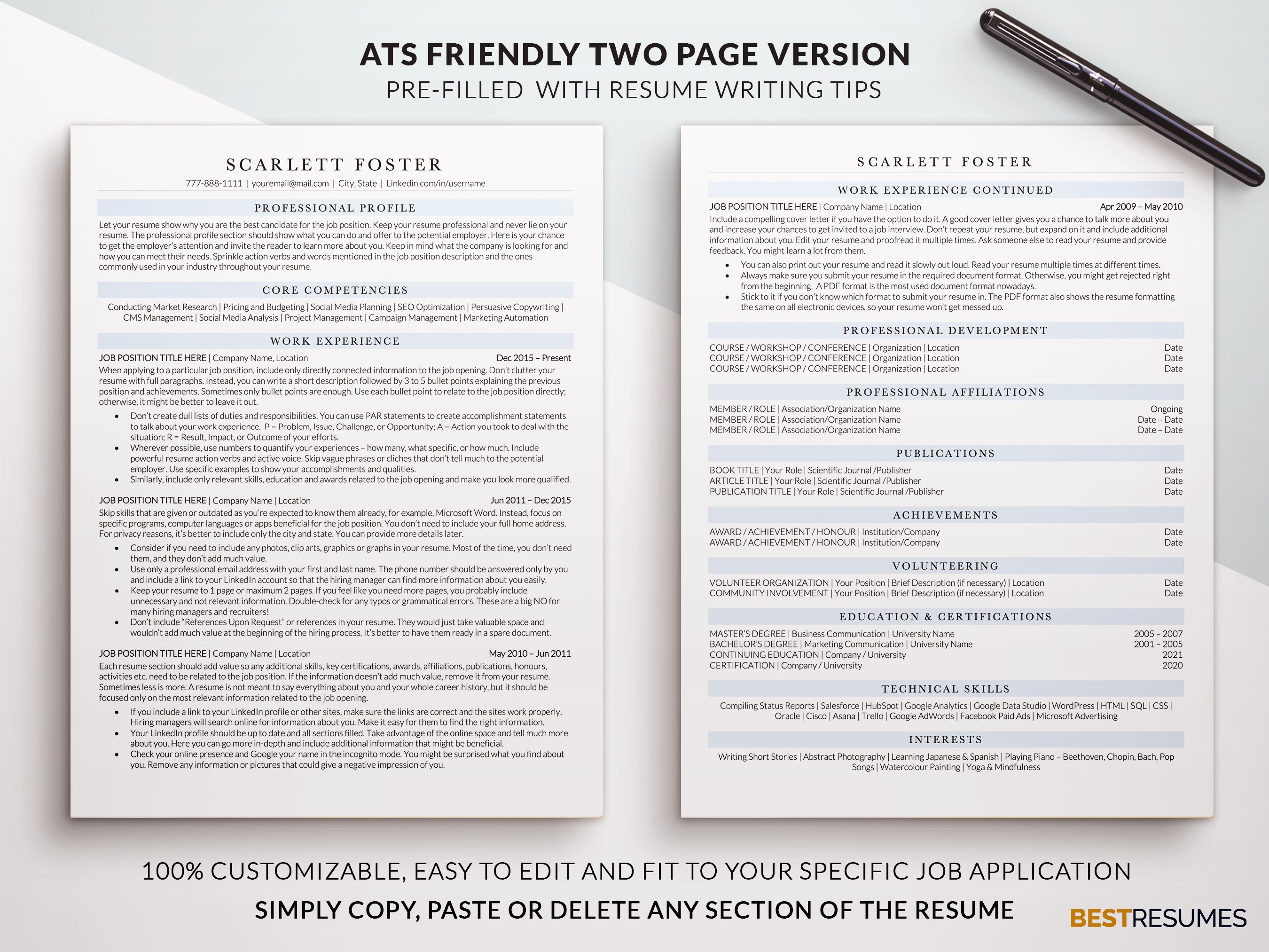 ats friendly executive resume template two page resume scarlett foster 273