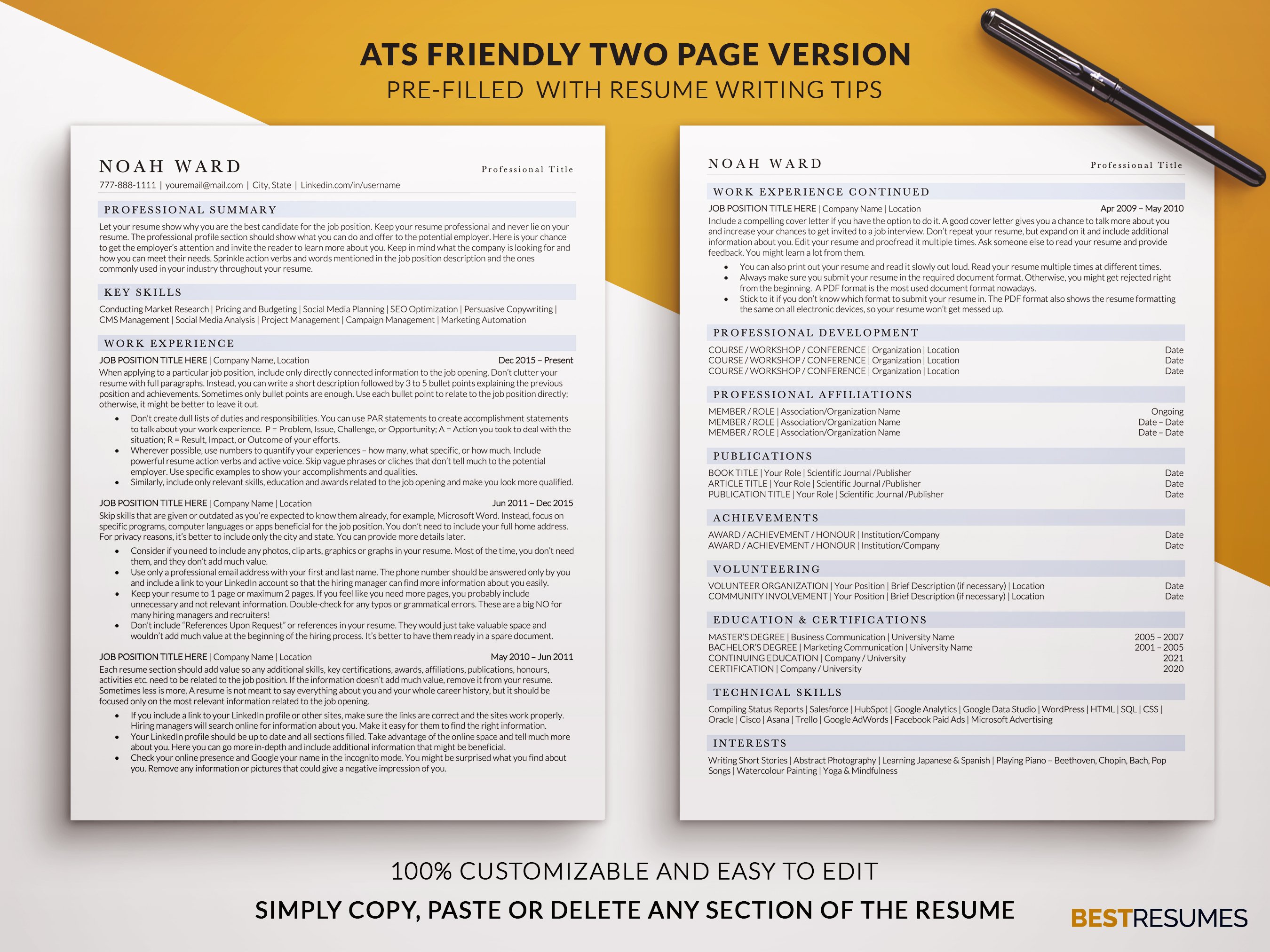 ats friendly resume template for word two page noah 611