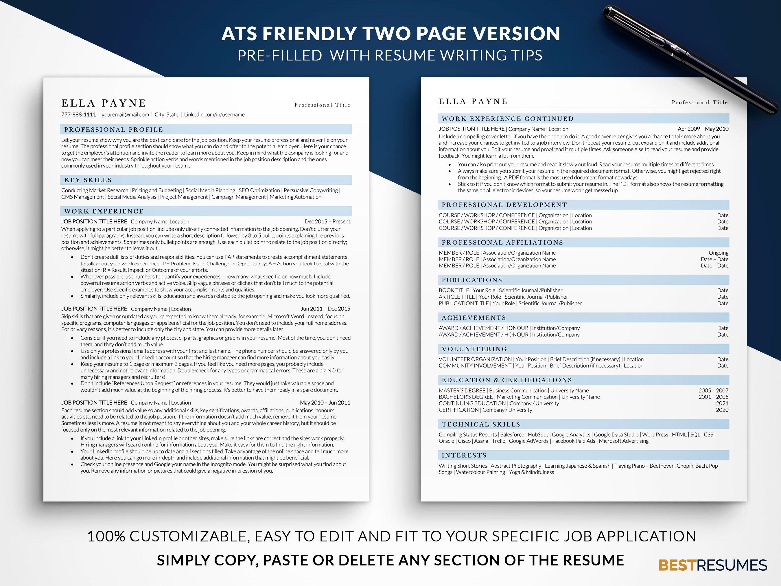 ats optimized resume template two page template ella payne 46