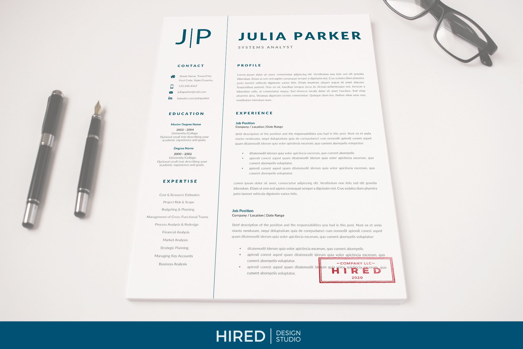 Resume with a pen and glasses on top of it.