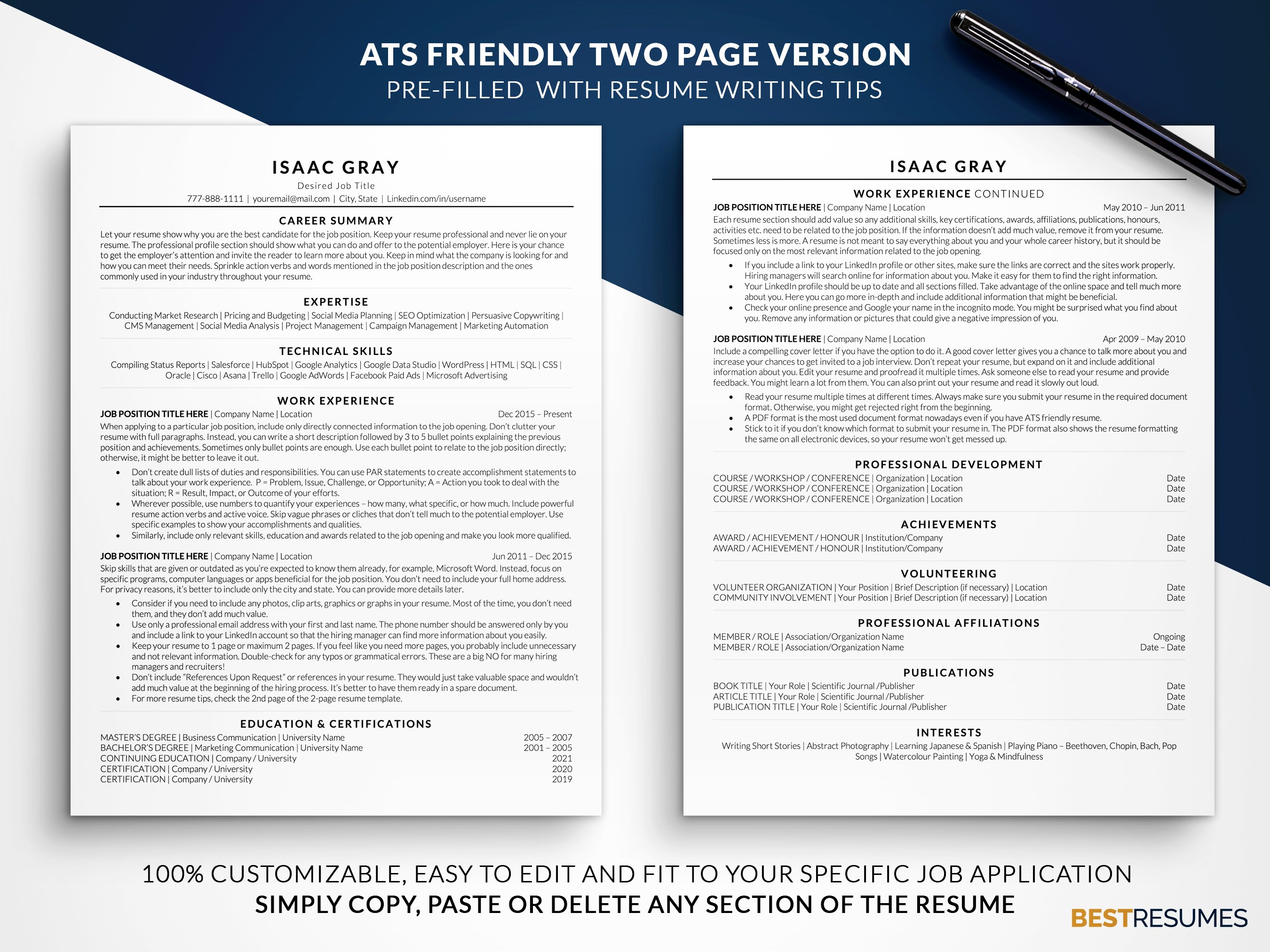 ats resume template word two page resume isaac gray 309