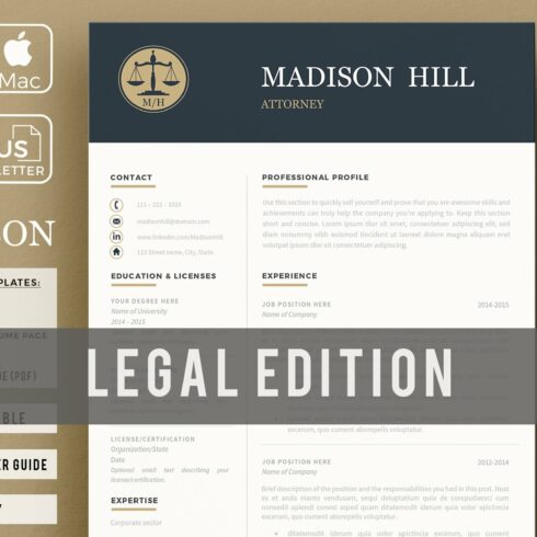 Attorney Resume template, Lawyer CV cover image.