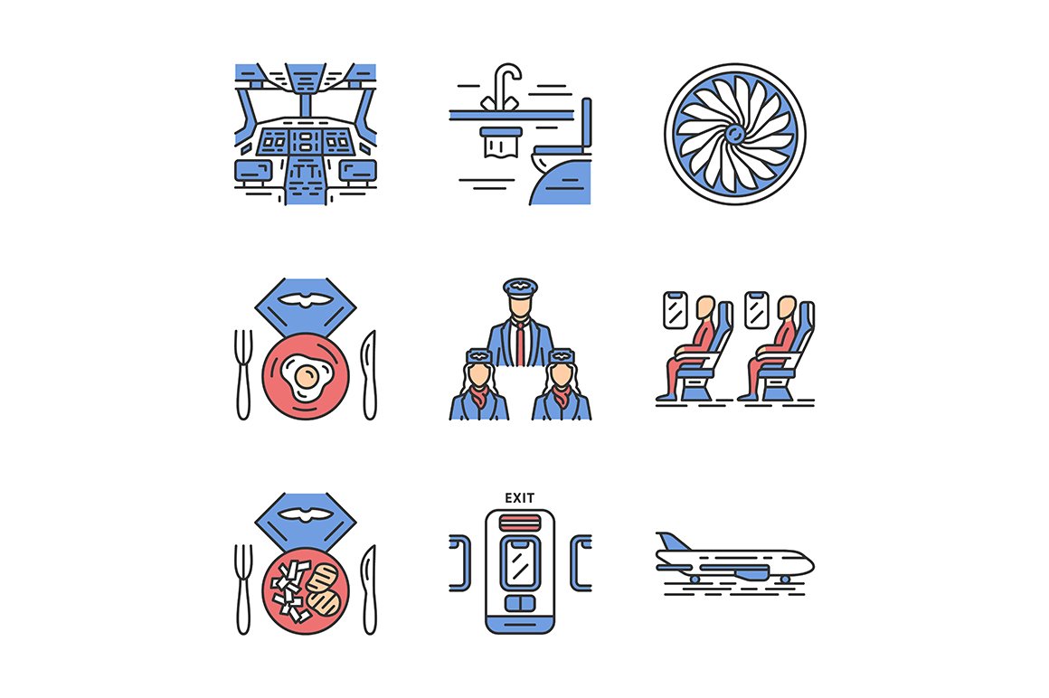 Aviation services color icons set cover image.