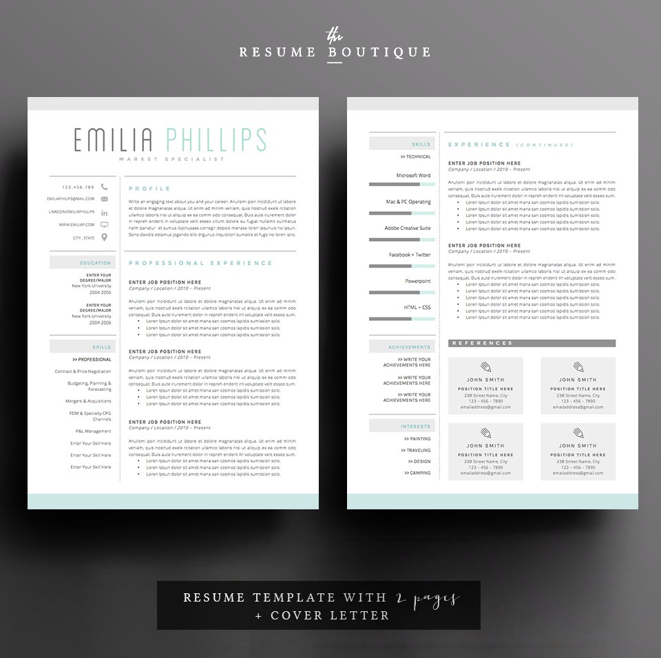 Resume Template 4 page pack | Aqua preview image.