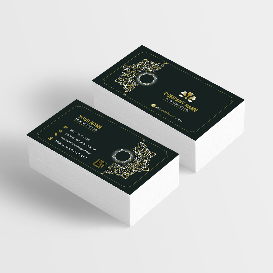 luxury mandala blue color corporate business card design template with gold border preview image.