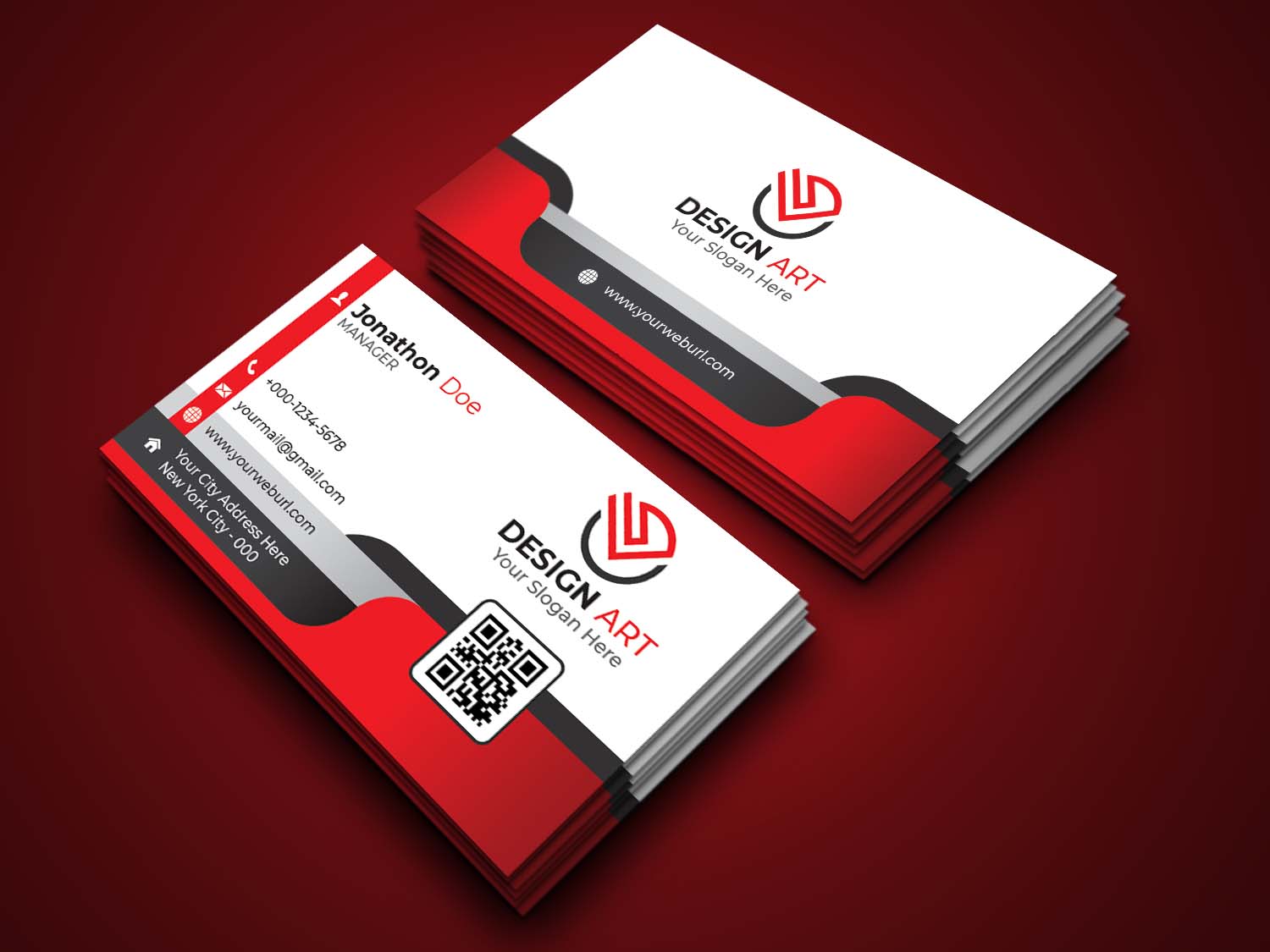 Two red and white business cards on a red background.