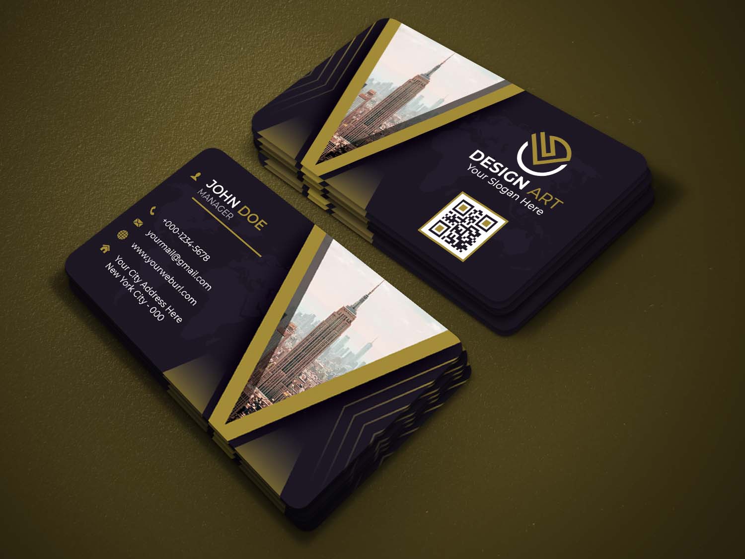 Set of three business cards on a table.