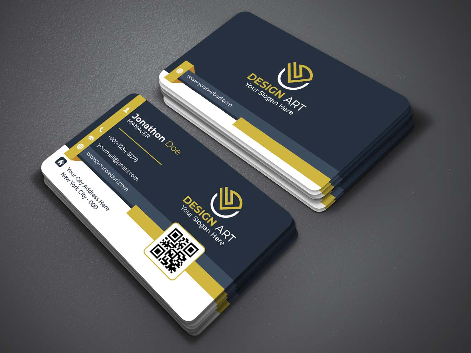 Two business cards with a yellow and blue design.