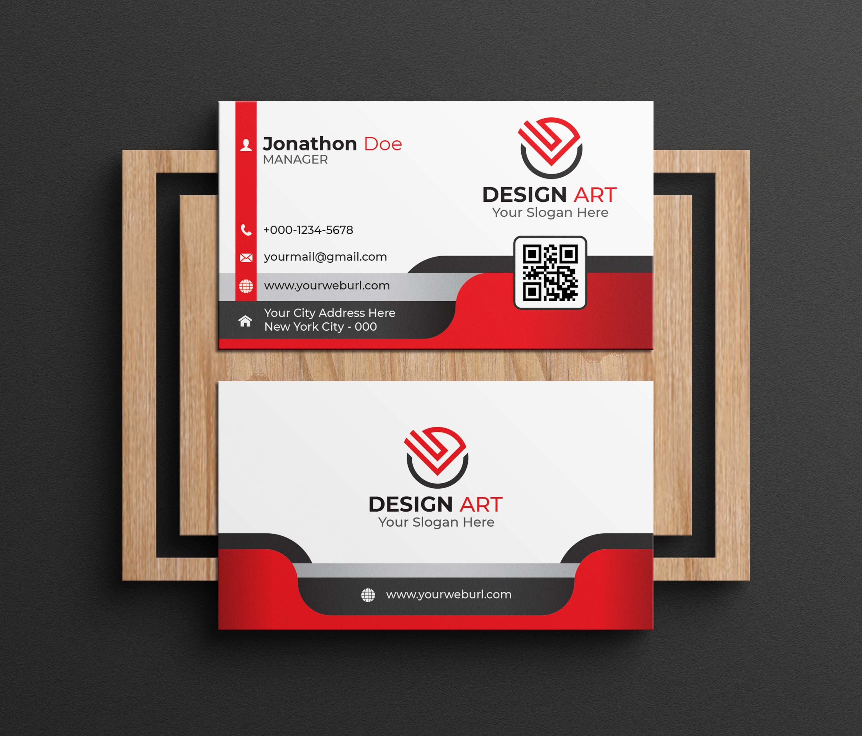 Business card with a red and black design art logo.