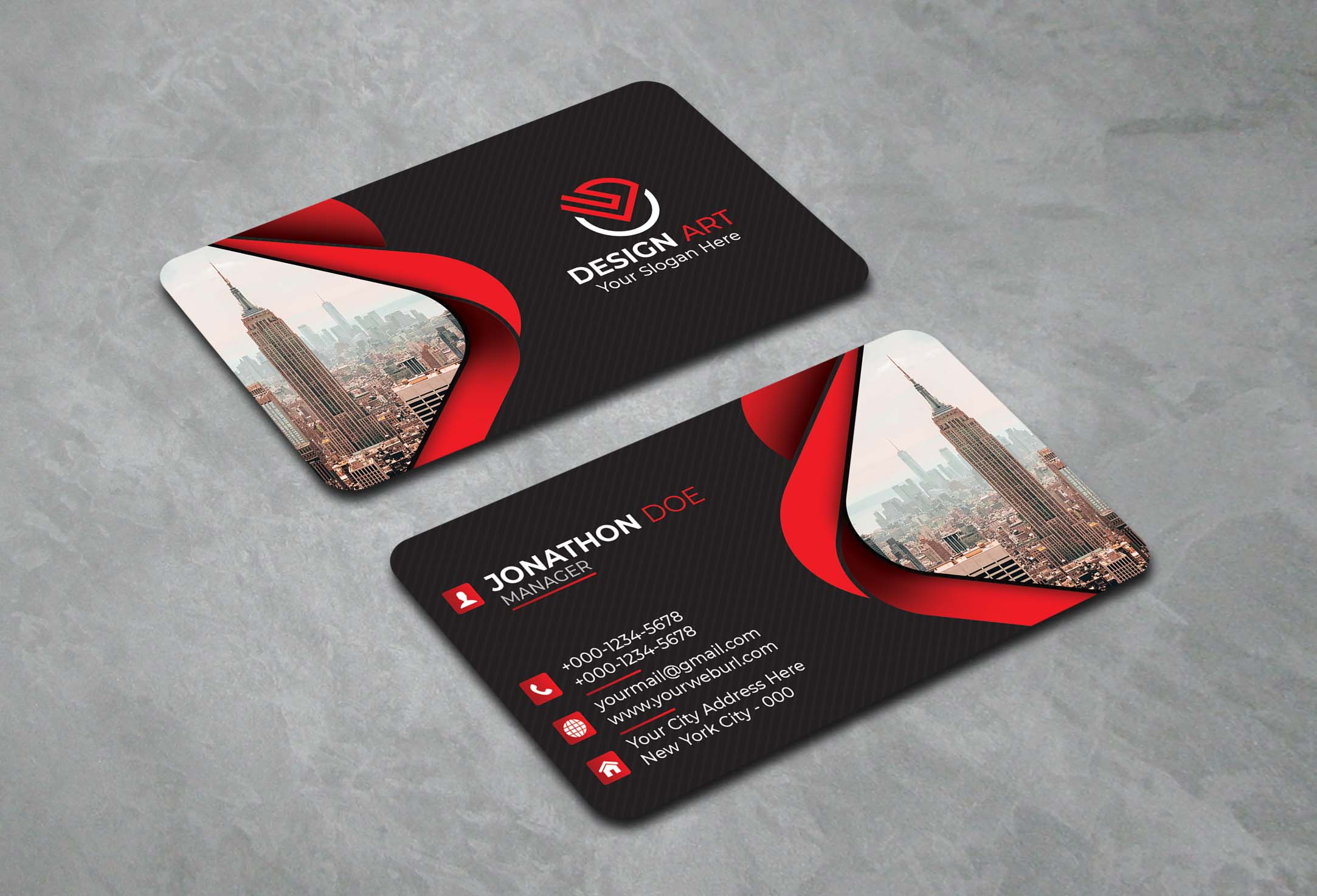 Two business cards with a red and black design.