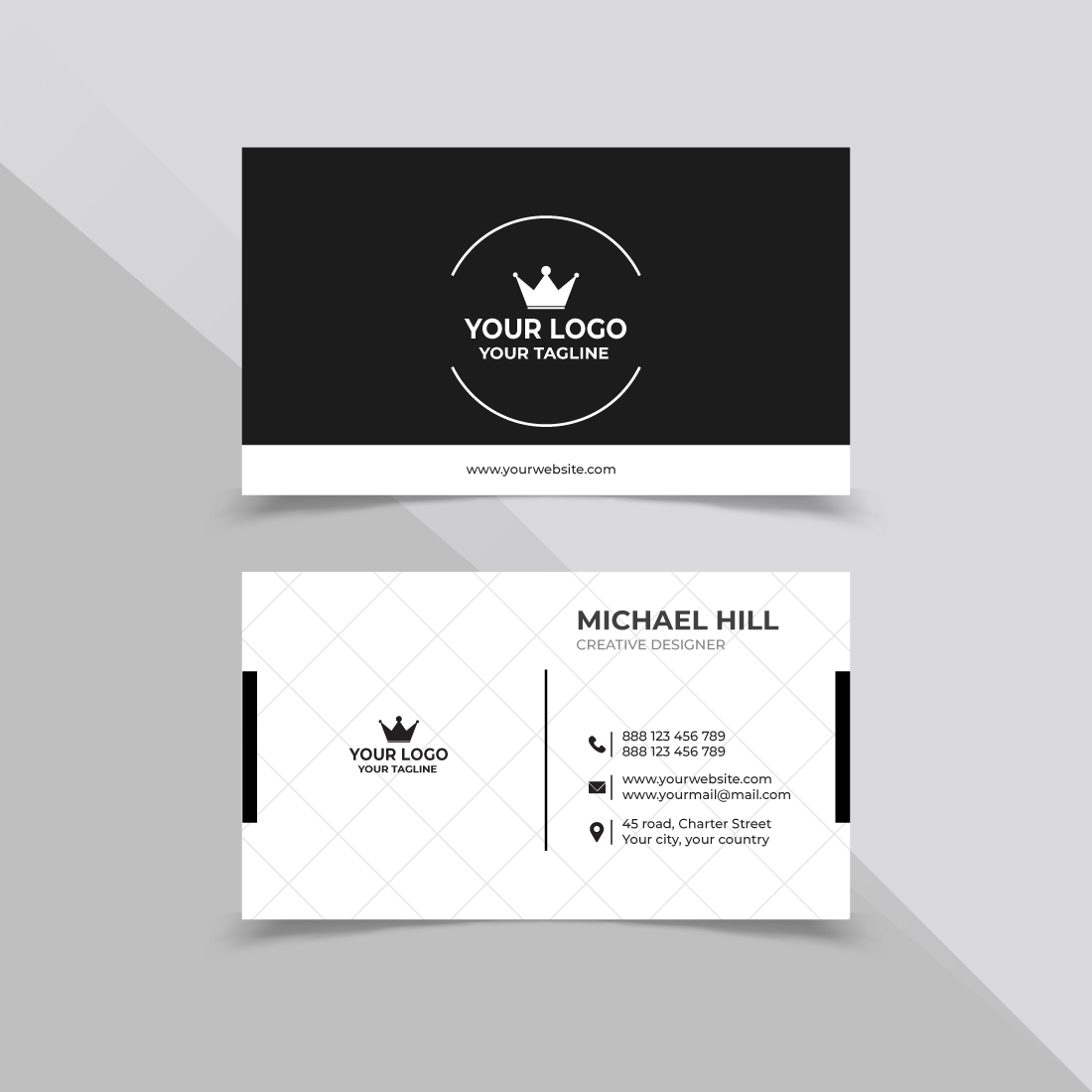 Black and white business card with a crown on it.