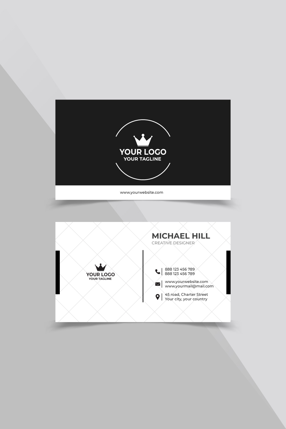 Black and white business card with a crown on it.