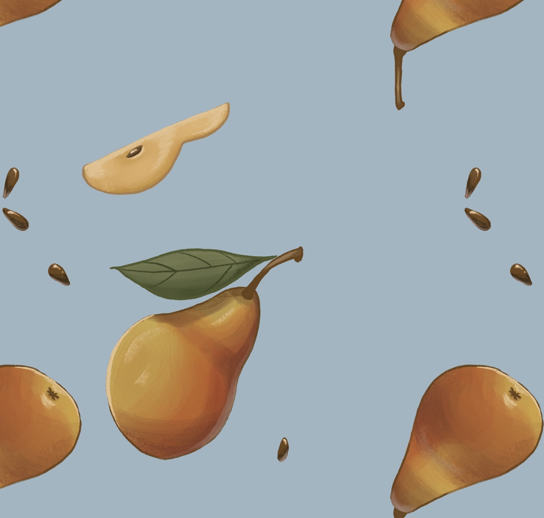 Painting of pears and pear slices with a leaf.