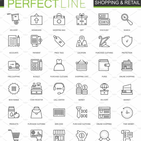 Shopping and retail line icons set cover image.
