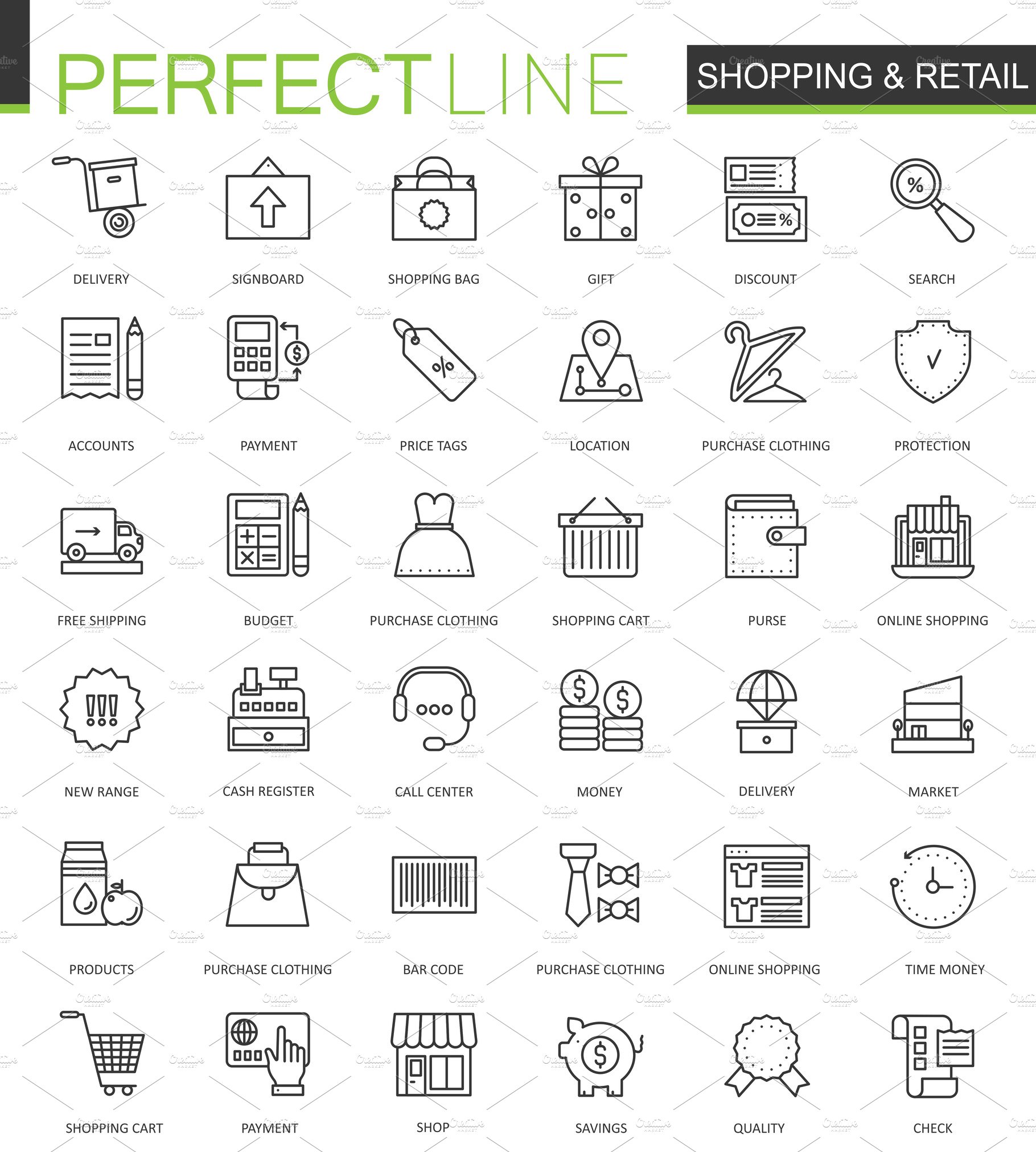Shopping and retail line icons set cover image.