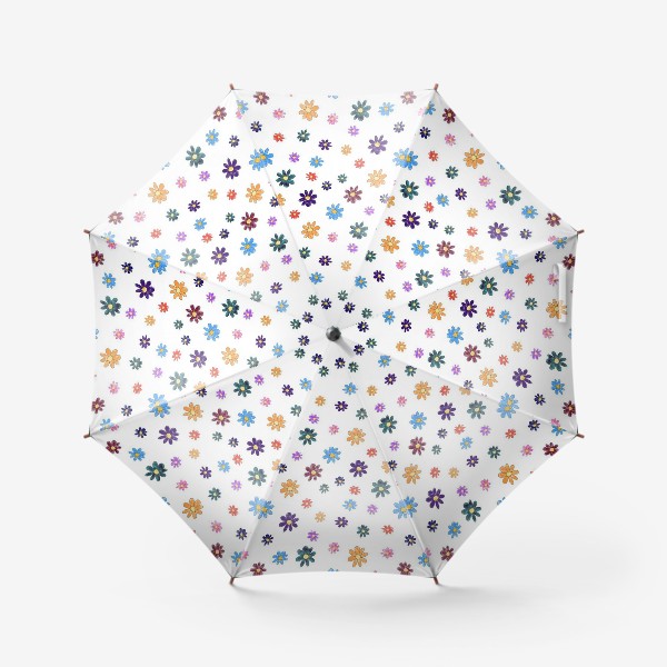 White umbrella with multicolored flowers on it.