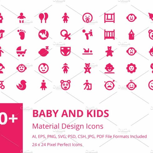 100+ Baby and Kids Material Icons cover image.