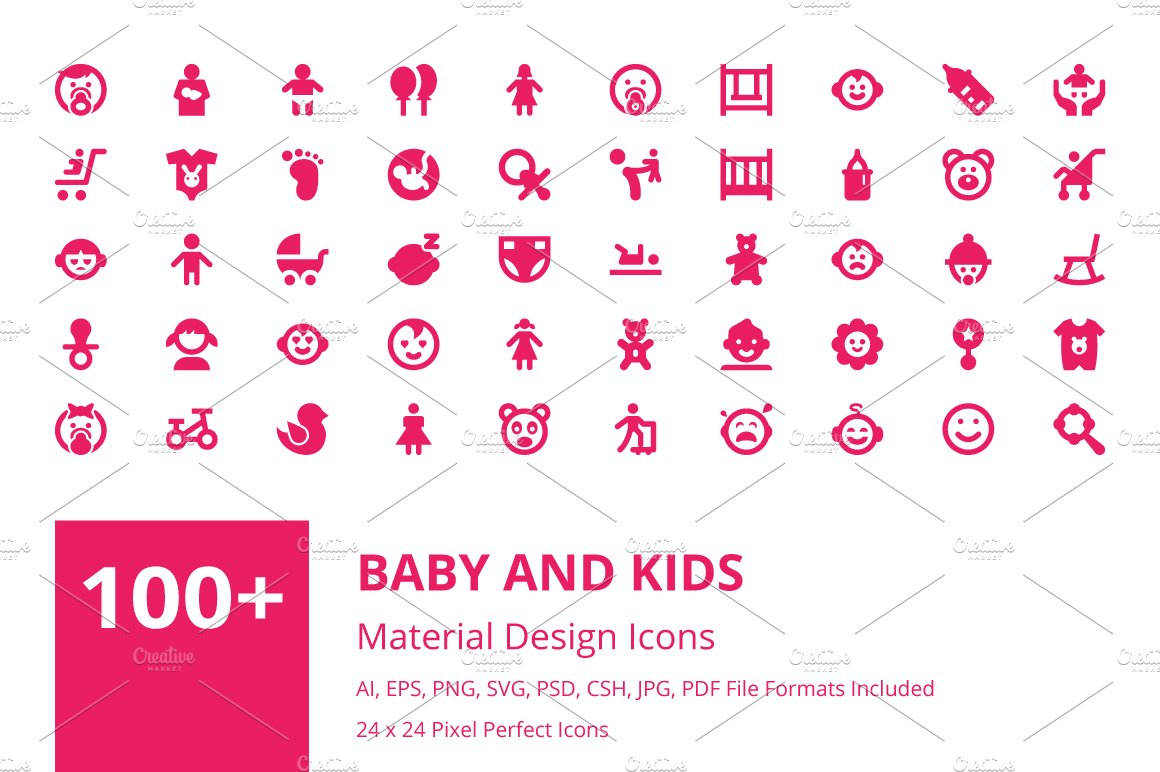 100+ Baby and Kids Material Icons cover image.