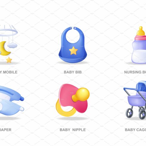 Baby care items 3D icons set cover image.
