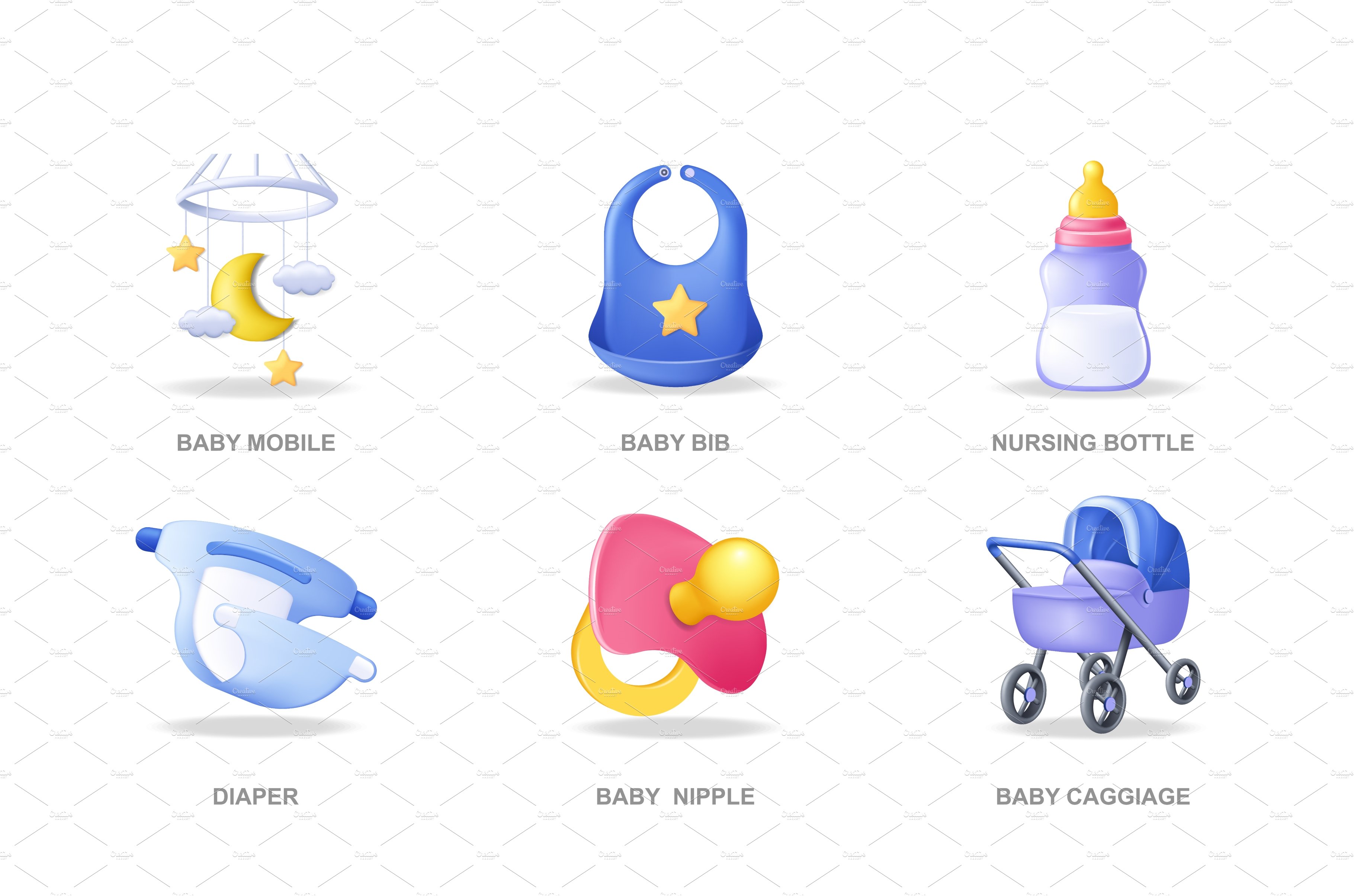 Baby care items 3D icons set cover image.