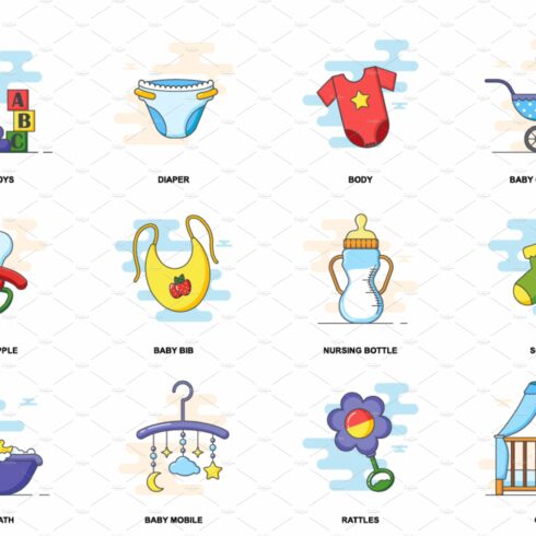 Baby elements concept flat icons set cover image.