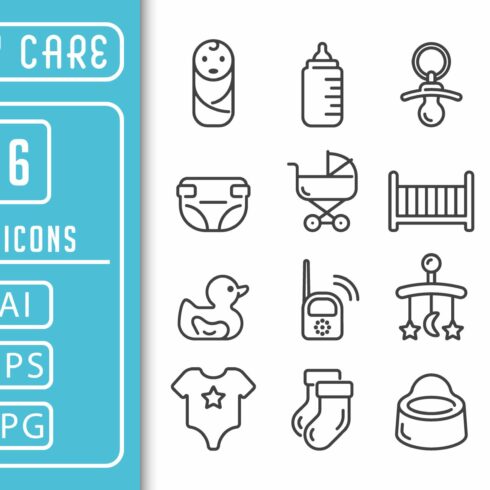 Set of 16 baby care outline icons cover image.