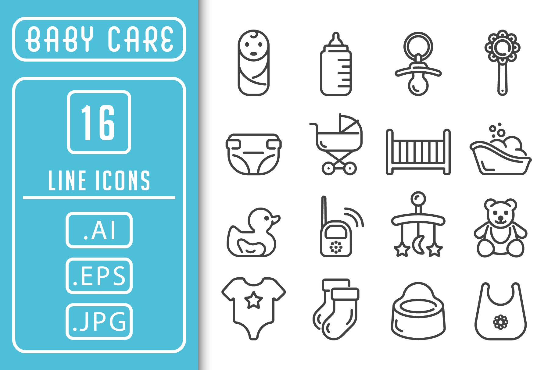 Set of 16 baby care outline icons cover image.