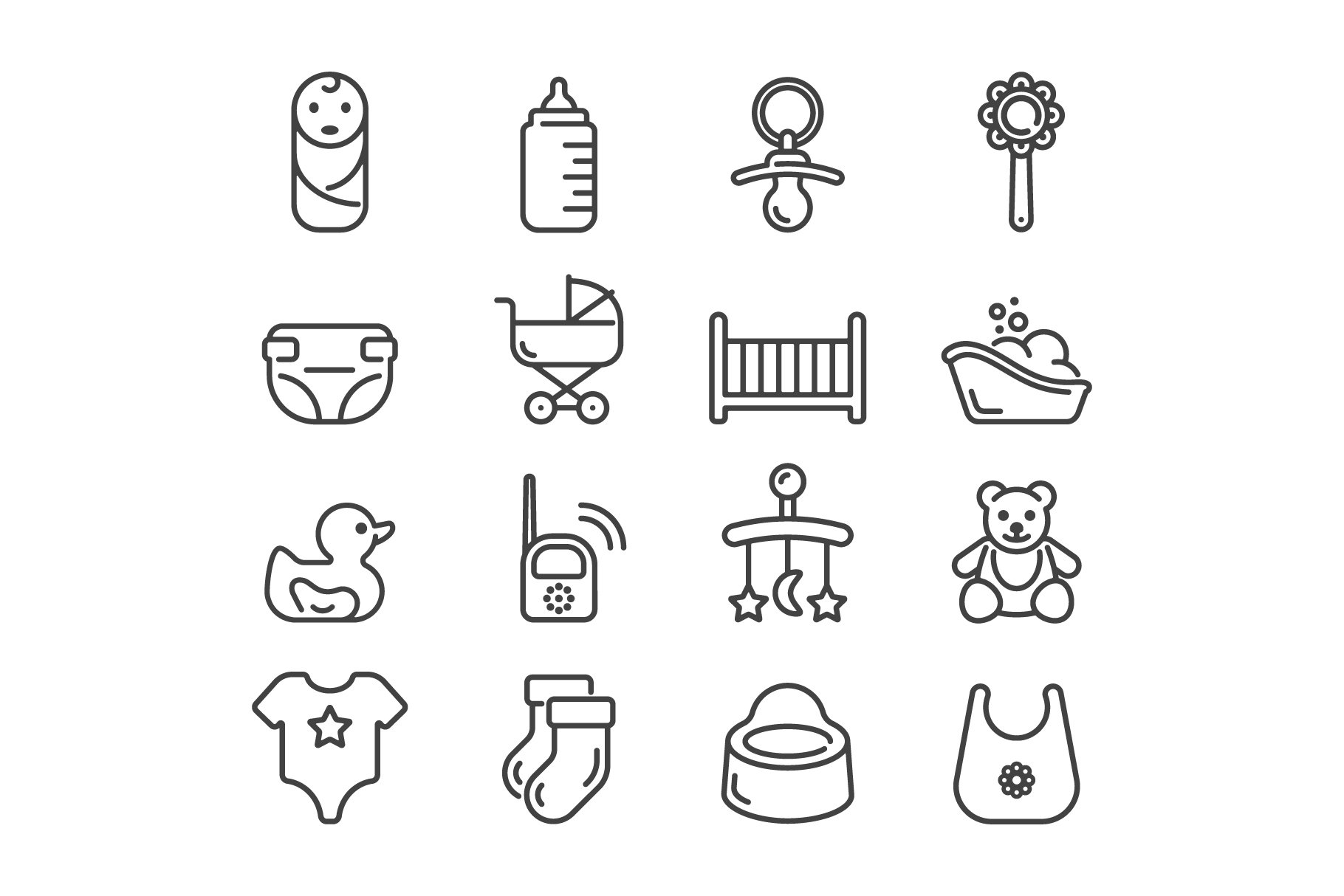 Set of 16 baby care outline icons preview image.