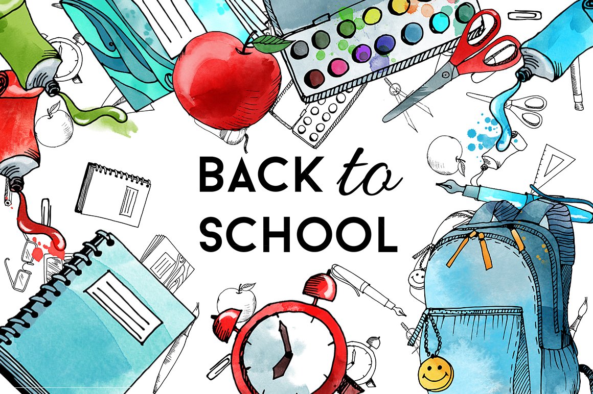 Back to school. Watercolor & vector cover image.