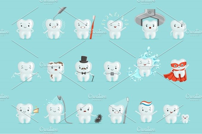 Cute teeth with different emotions set for label design. Cartoon detailed I... cover image.