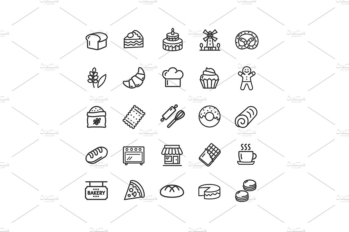 Bakery Thin Line Icon Set. Vector preview image.